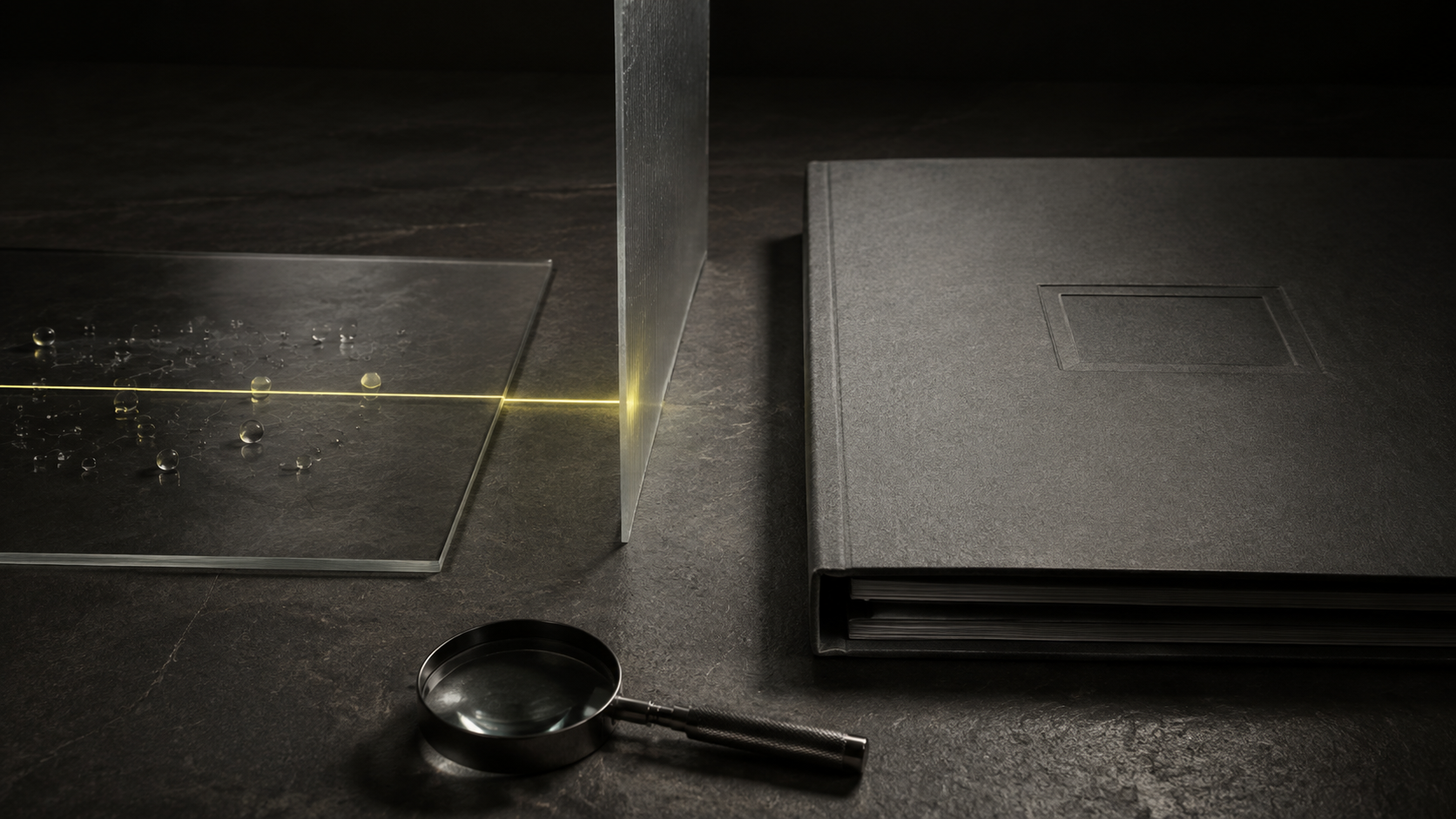 A glass divider separating a viewing pane from a closed document folder, representing public observations and private verification records