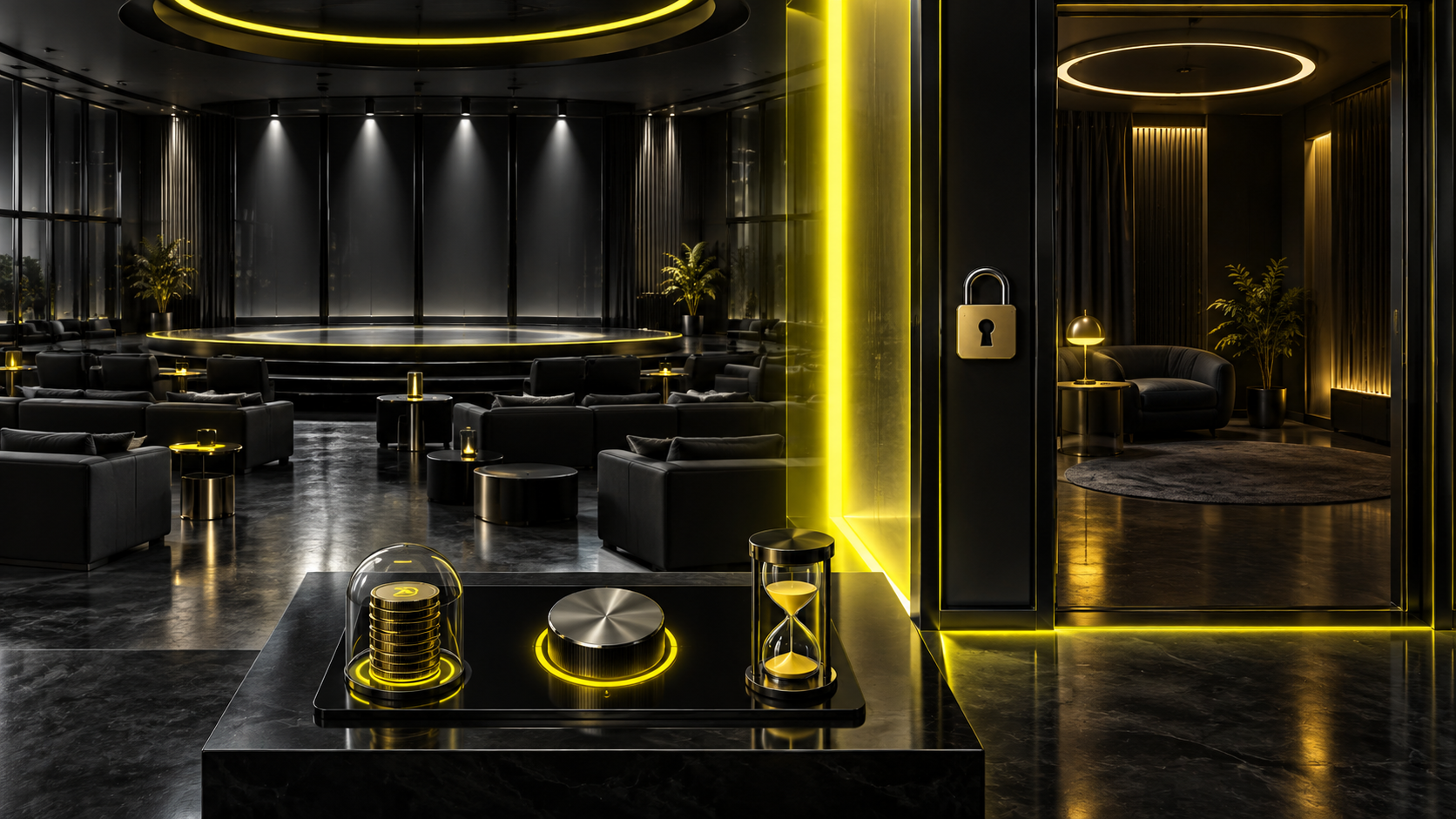 Public room and locked private room separated by a token rate and time check