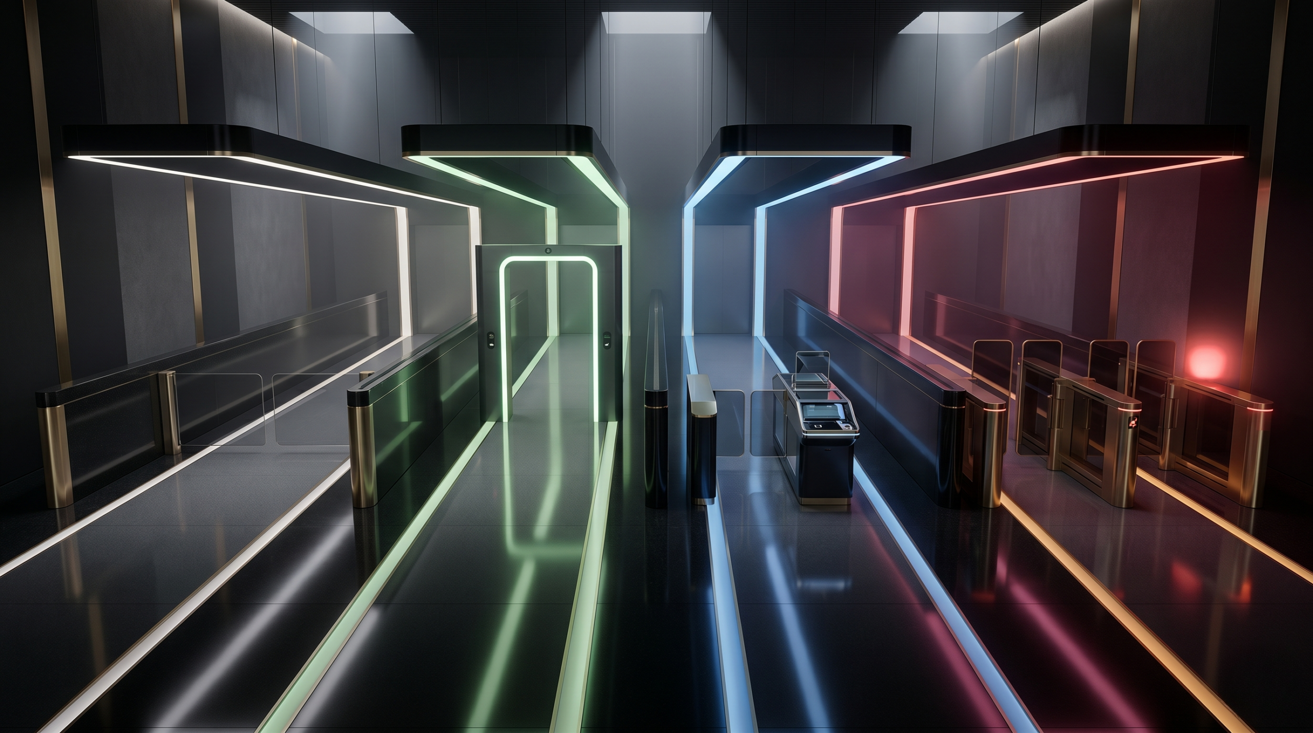 Four futuristic verification lanes showing different KYC levels at crypto casinos