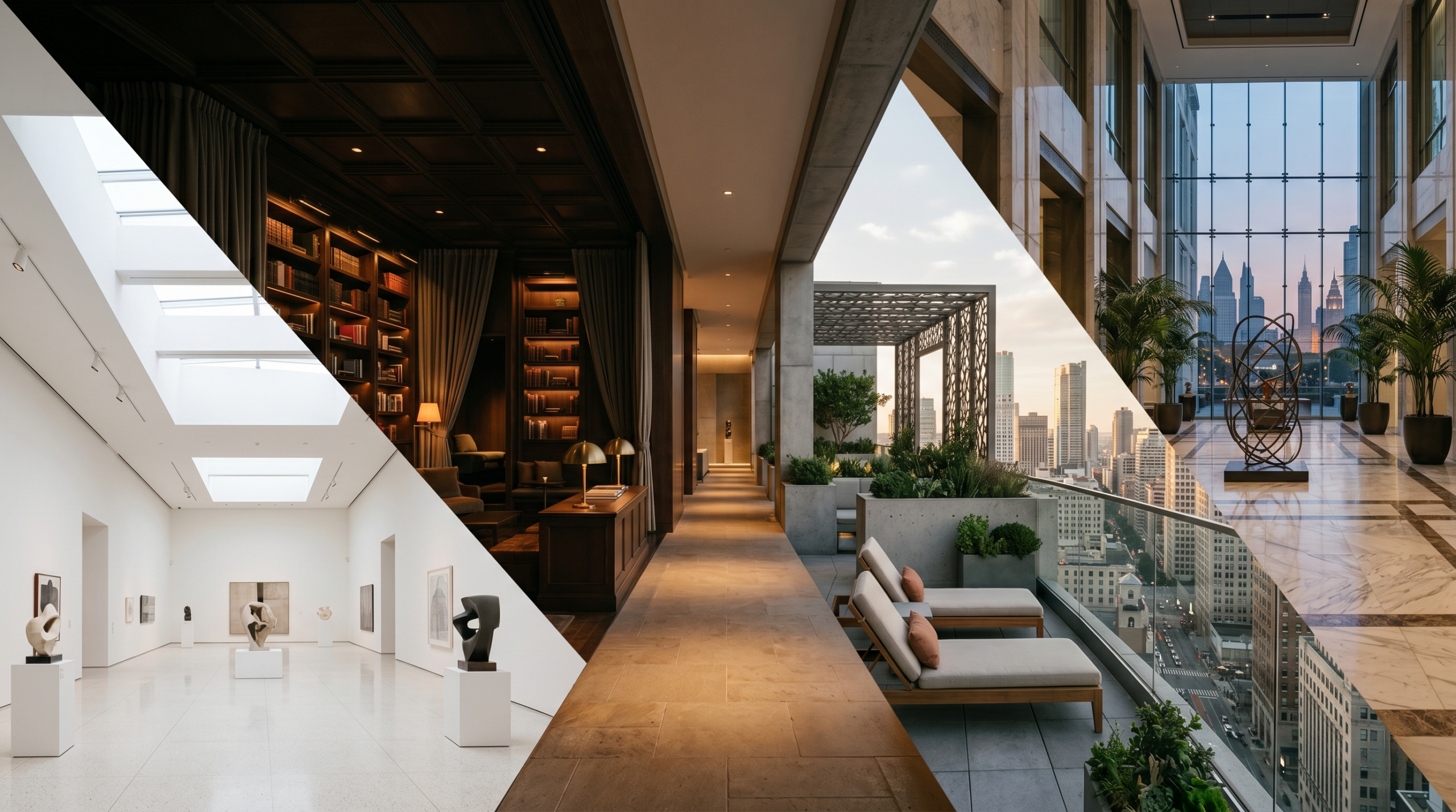 Four elegant spaces representing different sugar dating platforms and relationship styles