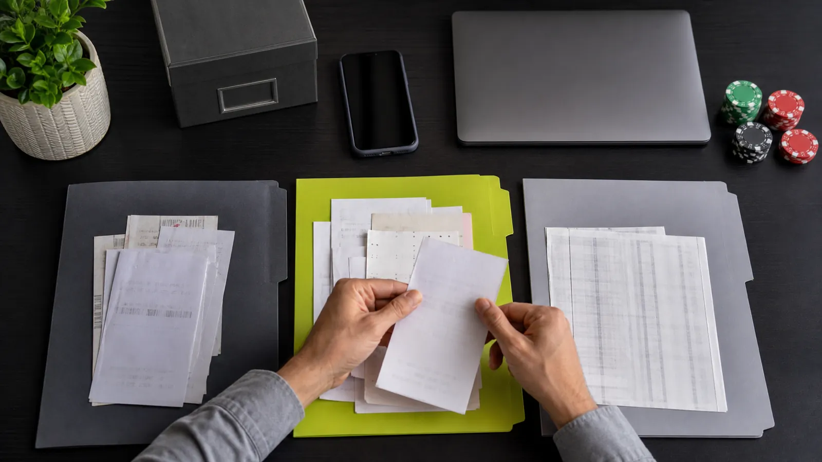 Adult sorting gambling receipts and statements into three separate folders on a dark desk