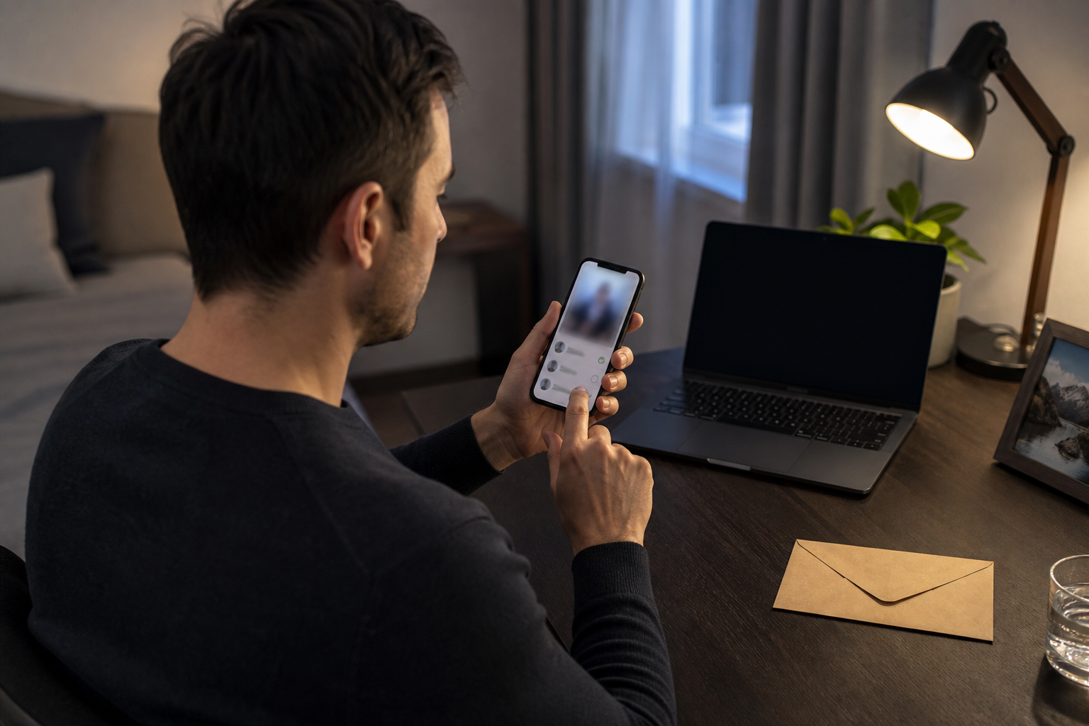 Adult checking a private photo, recipient and background clues before sharing