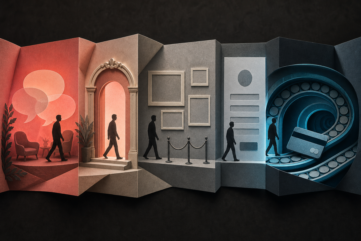 Paper-collage sequence showing a warm dating conversation leading through a false verification doorway into a recurring card-payment loop