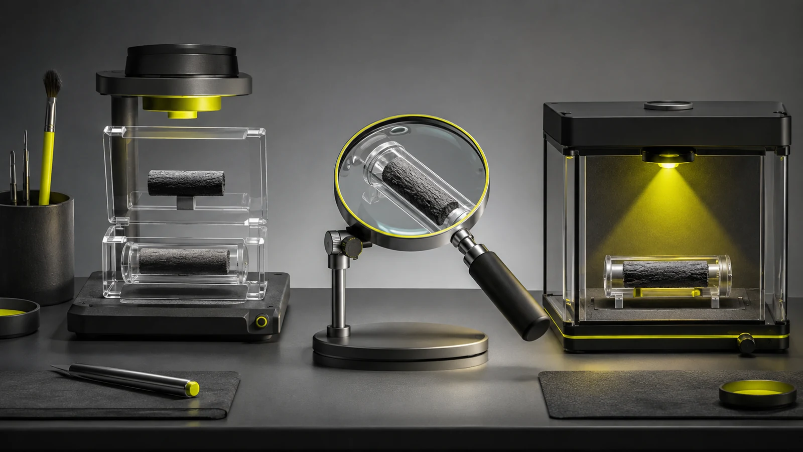 Separate archive, inspection lens and test chamber representing backup, inspection and testing a copy.