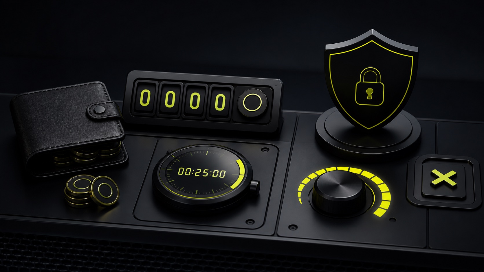 Token budget, timer, privacy shield and exit controls on a dark dashboard