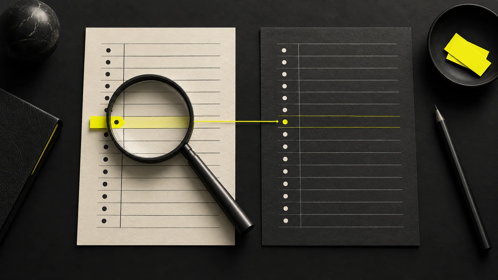 A magnifying glass and lemon marker connect corresponding rows on two blank ledgers.