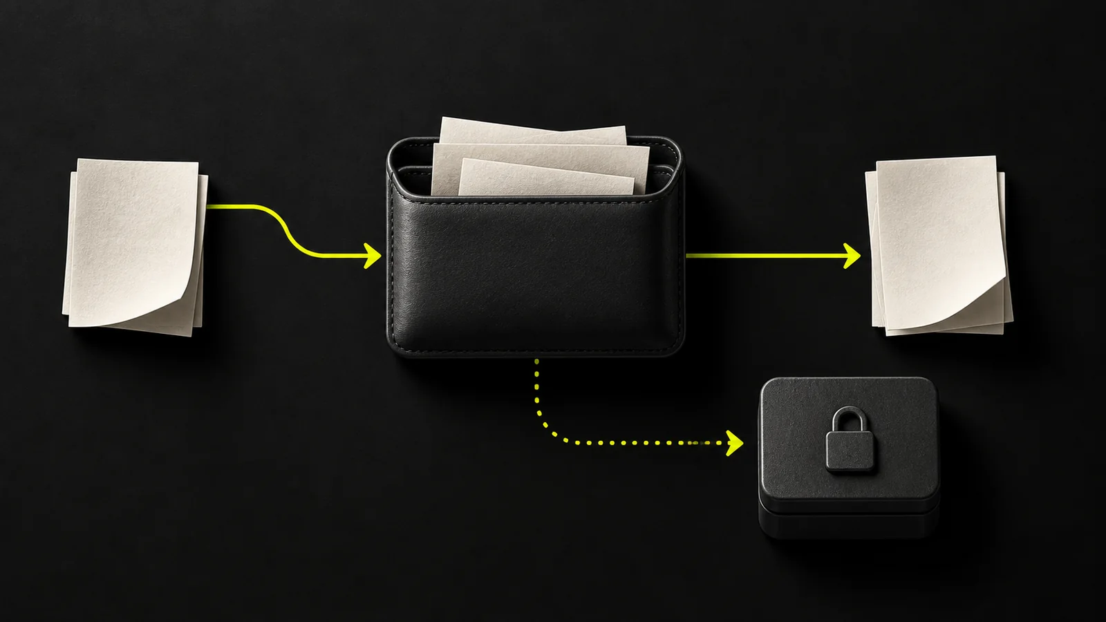 Casino balance illustration: entry and exit slips connected through a wallet with a separate locked tray.