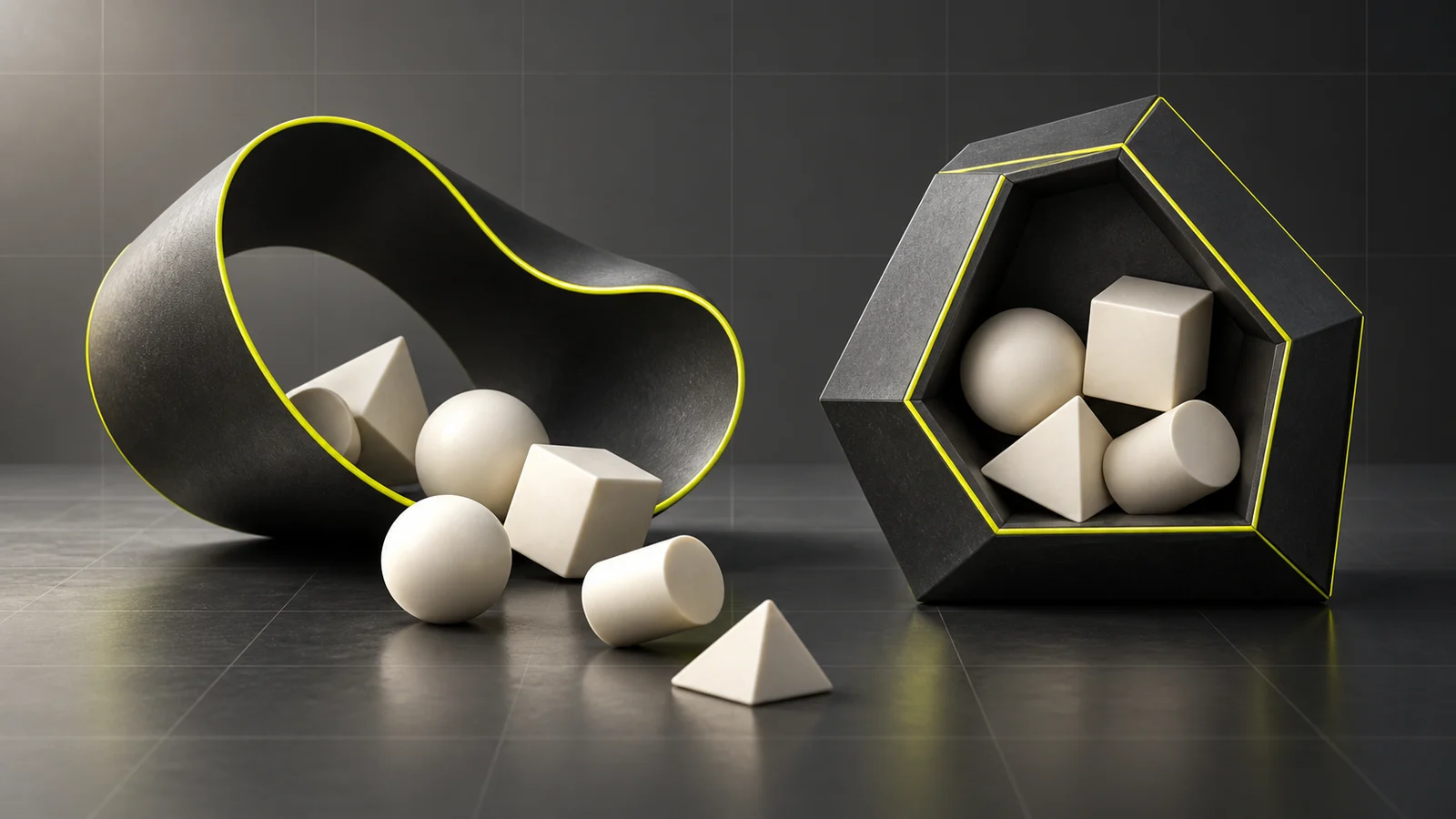 A flexible open ribbon lets geometric tokens spill out beside a rigid frame holding its tokens.