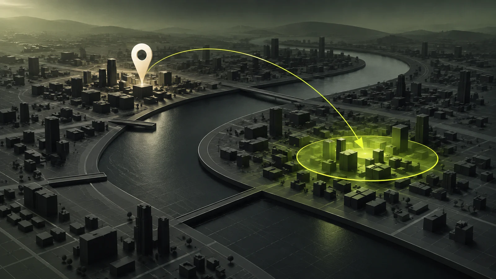 An abstract graphite city with a location pin and a separate lime search area connected across a river.